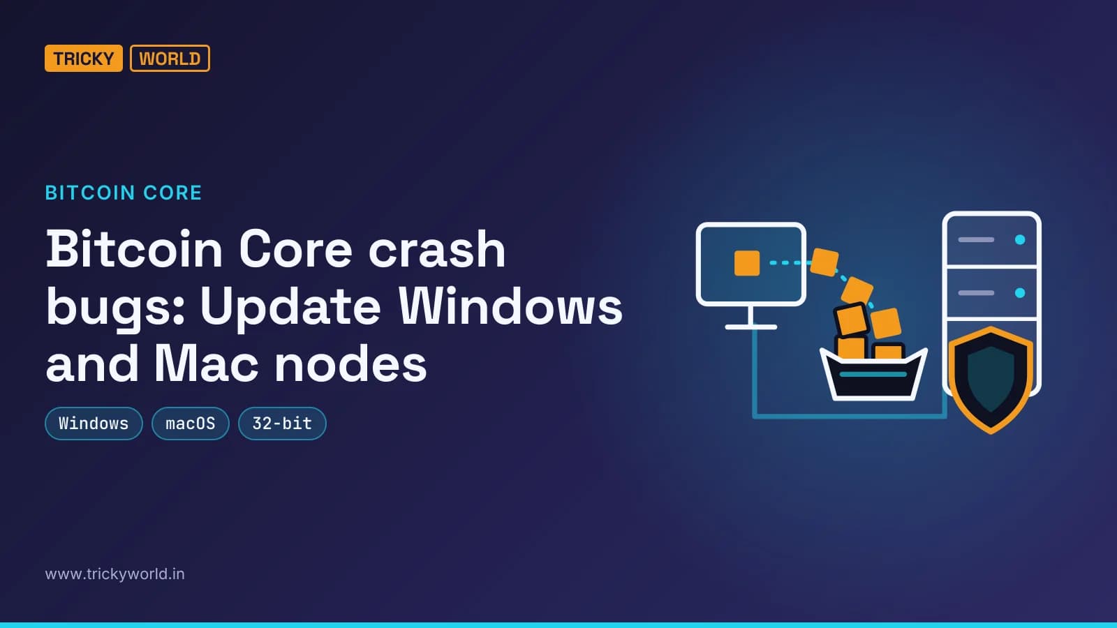 A peer floods a server’s memory beside a protective shield, illustrating Bitcoin Core crash bugs and node updates.