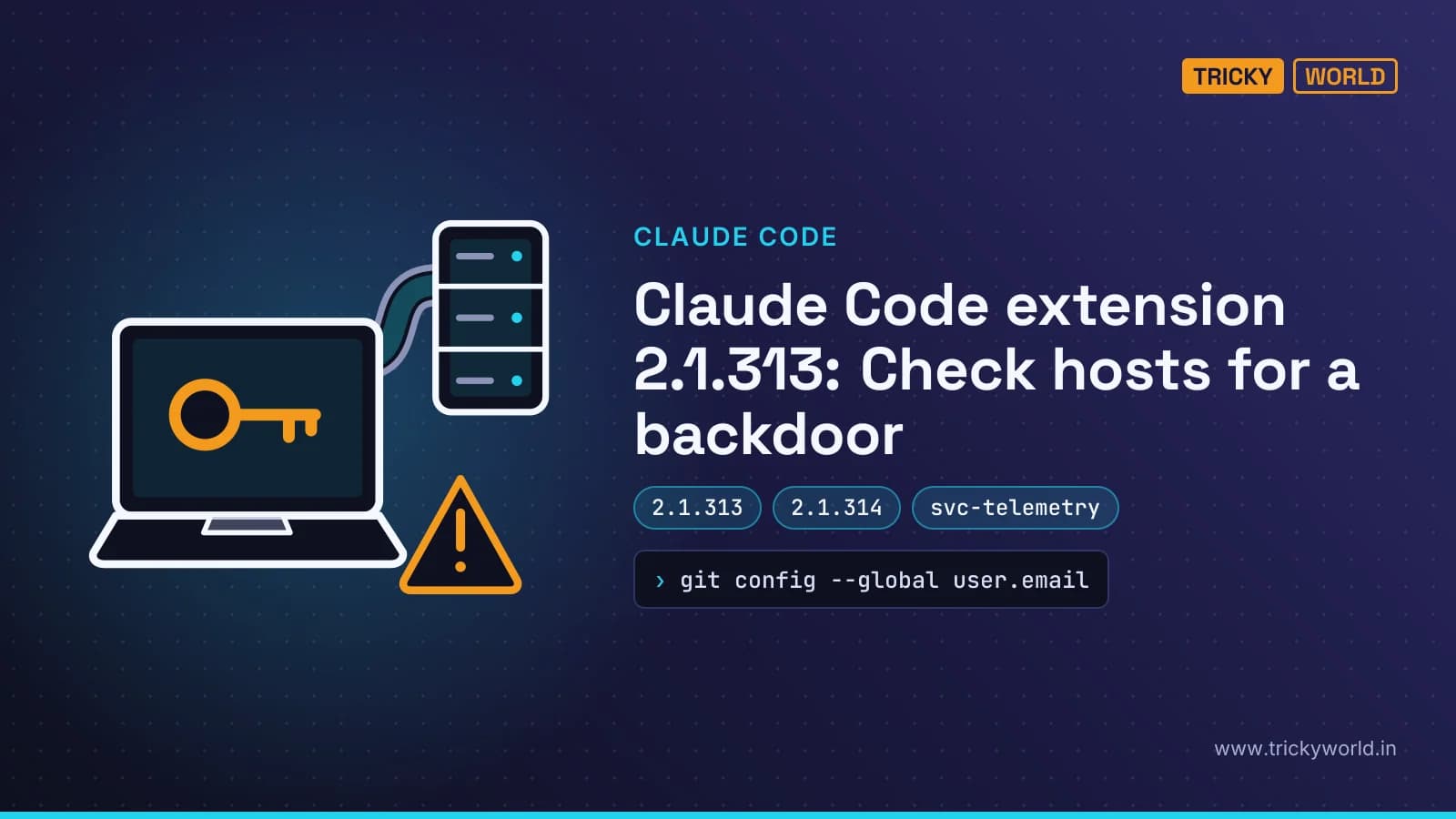 A laptop with an embedded key and a tunnel to a remote server illustrates the Claude Code extension 2.1.313 backdoor