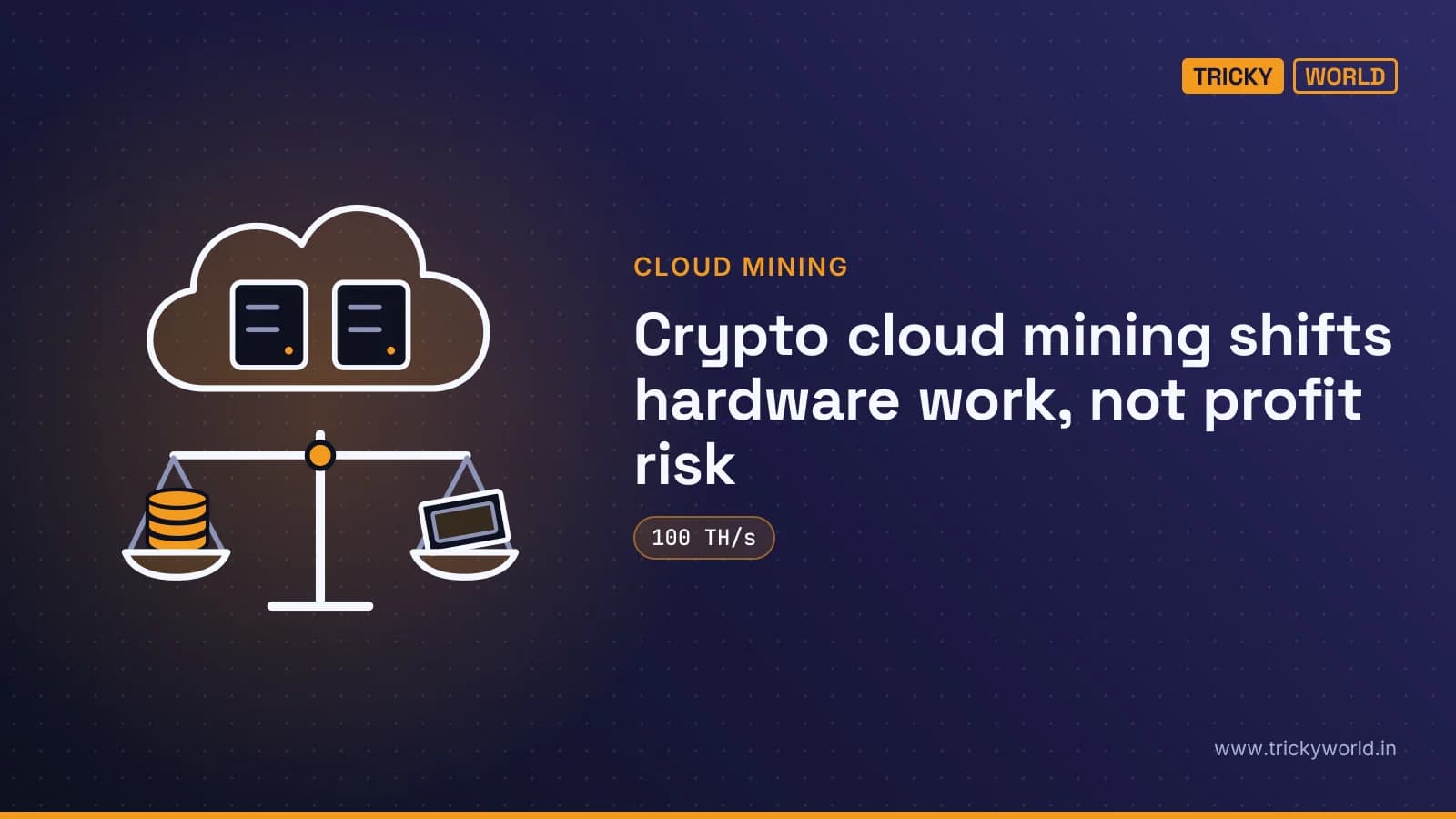 Cloud-hosted mining servers above coins and a bill on a balance scale, showing cloud mining costs and profit risk