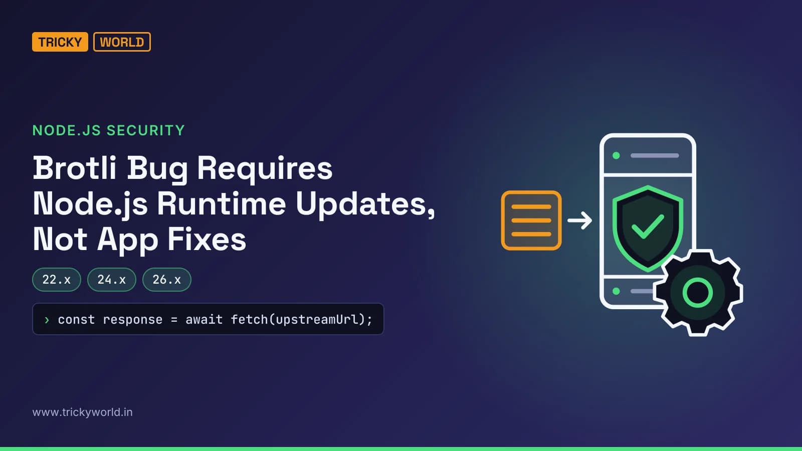 A shield protects a server from compressed data, illustrating Node.js runtime updates for the Brotli decoder flaw.