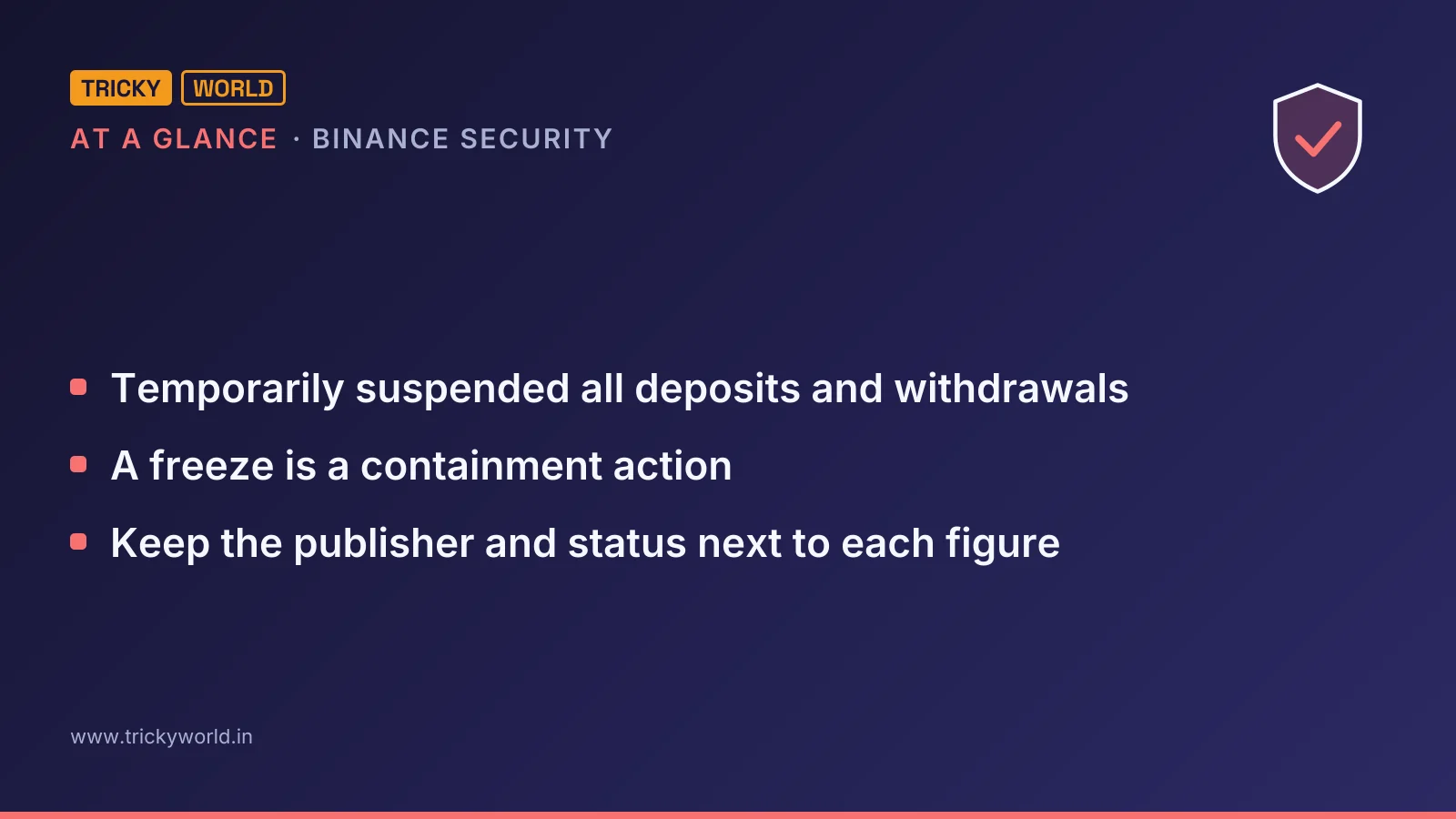 Binance security at a glance: Temporarily suspended all deposits and withdrawals; A freeze is a containment action; Keep the publisher and status next to each figure