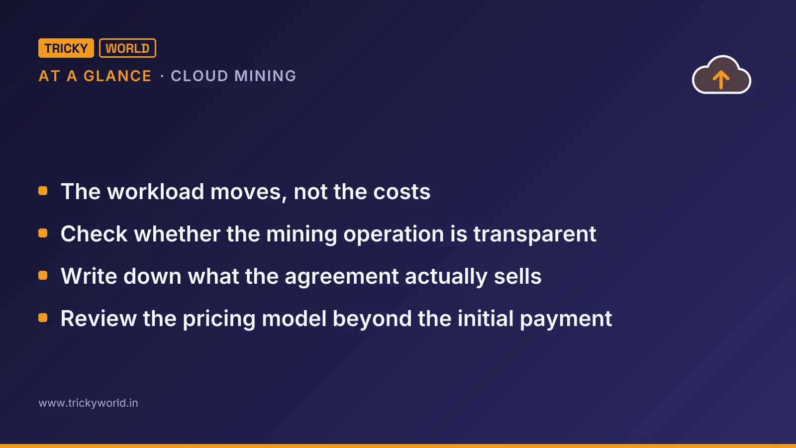 Cloud mining at a glance: The workload moves, not the costs; Check whether the mining operation is transparent; Write down what the agreement actually sells; Review the pricing model beyond the initial payment