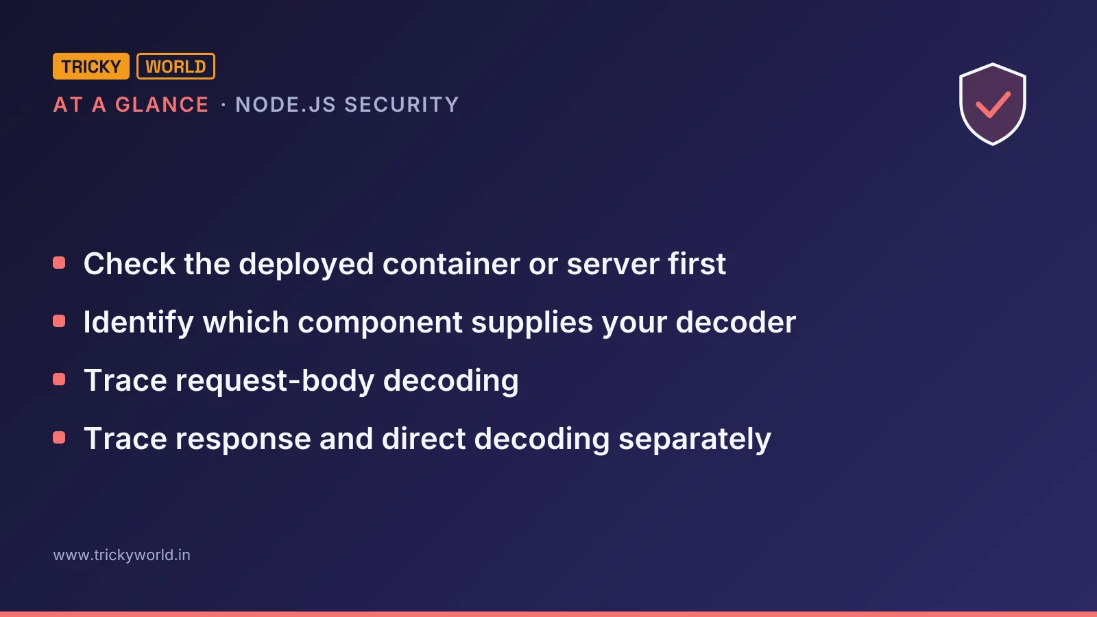 Node.js security at a glance: Check the deployed container or server first; Identify which component supplies your decoder; Trace request-body decoding; Trace response and direct decoding separately