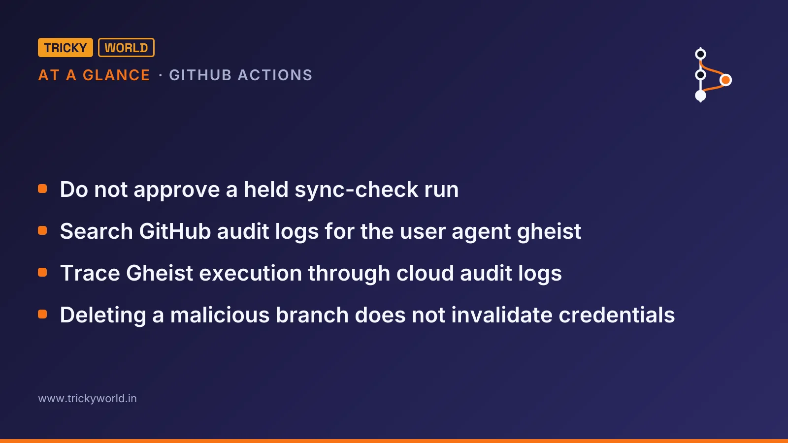 GitHub Actions at a glance: Do not approve a held sync-check run; Search GitHub audit logs for the user agent gheist; Trace Gheist execution through cloud audit logs; Deleting a malicious branch does not invalidate credentials